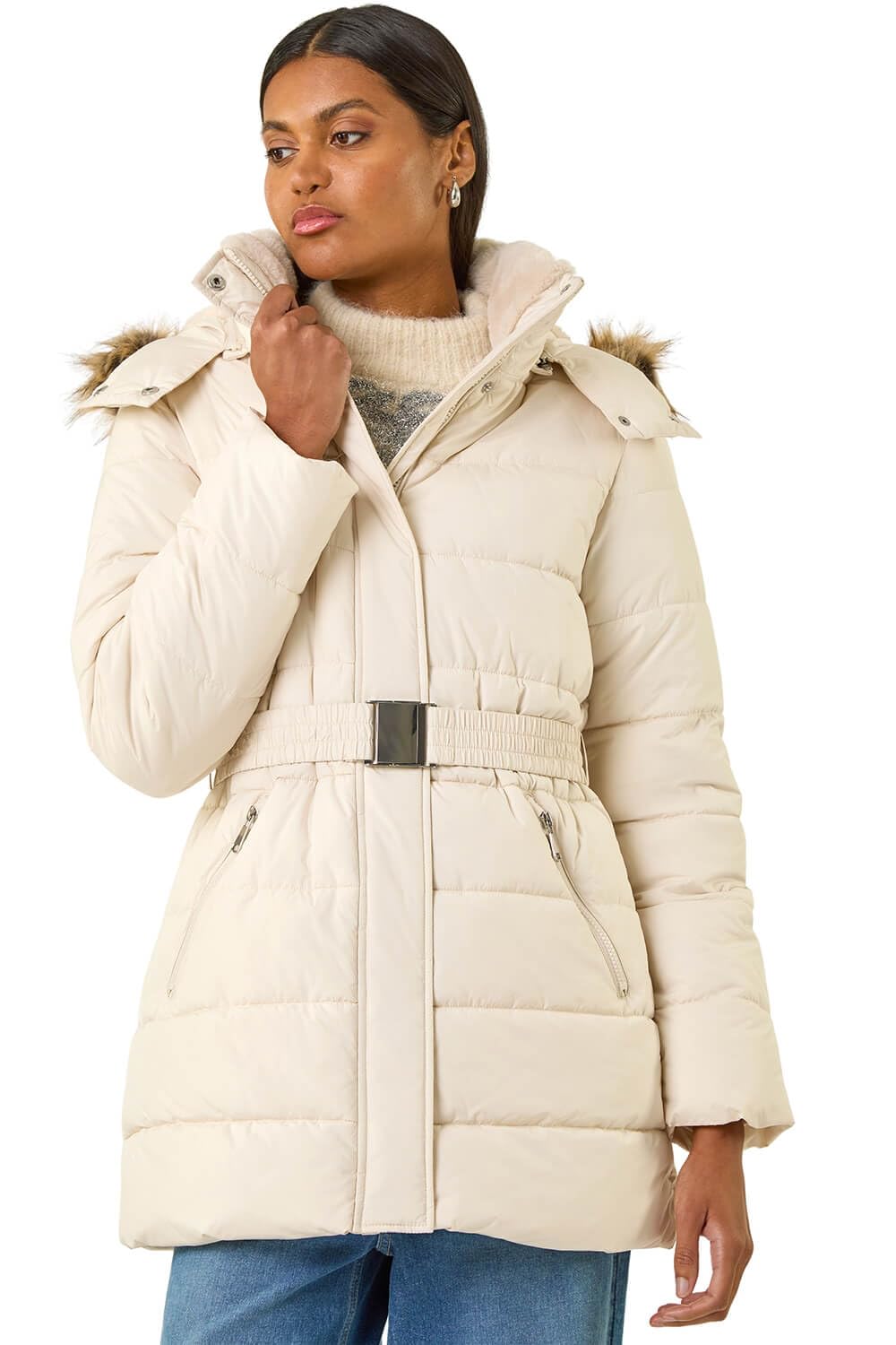 Roman Originals Quilted Padded Coat For Women UK - Ladies Parka Winter Jacket Faux Fur Trim Hooded Short Autumn Waterproof Water Resistant Everyday Comfy Vacation Work - Cream - Size 10