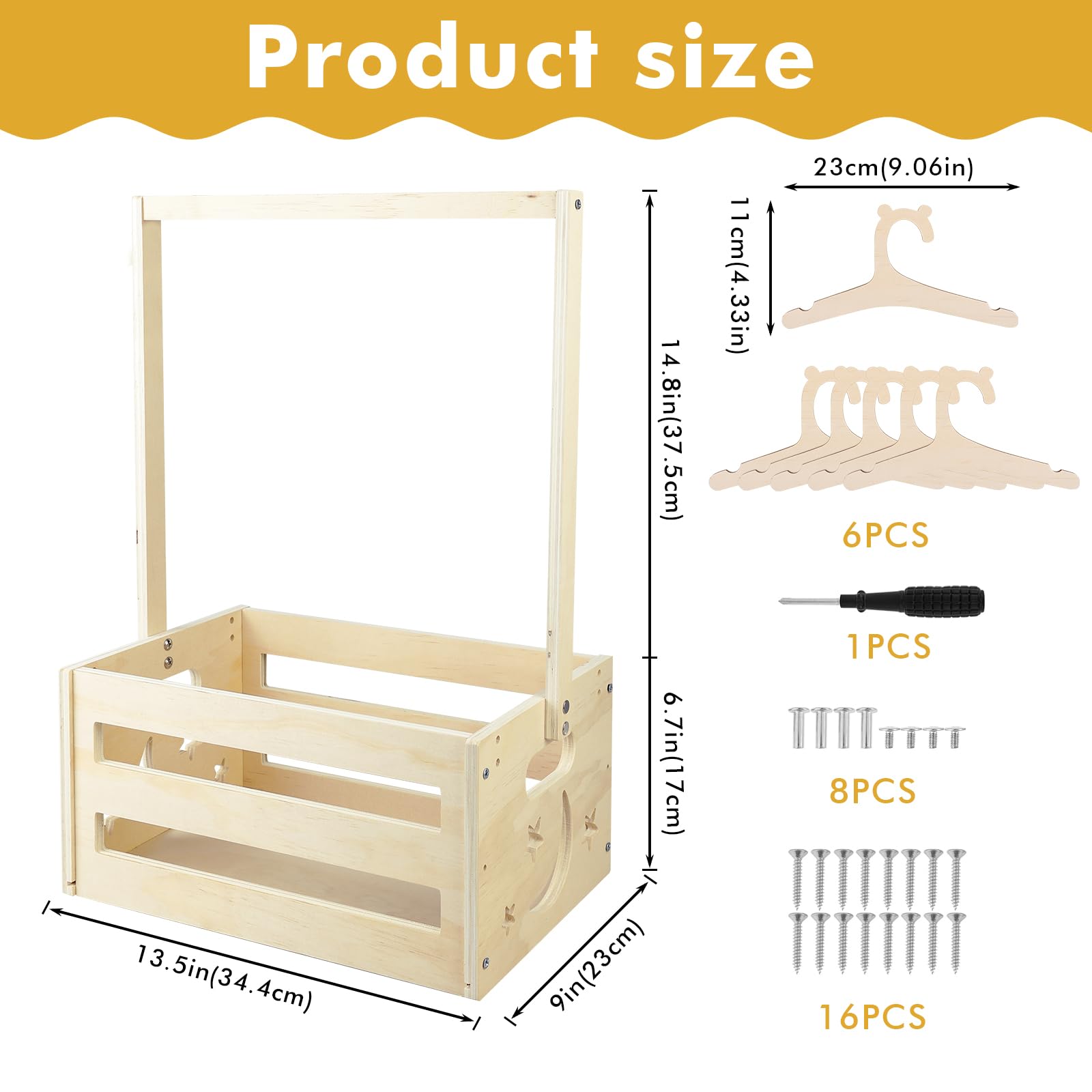 PRITOK Baby Shower Crate Closet Wooden Baby Basket with Handle, Storage Crate Hamper with 5 Hangers - Image 2