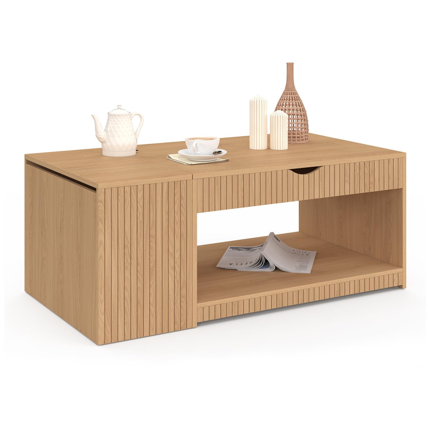 IDMarket - Table Basse Plateau relevable rectangulaire Juliette avec Coffre Lattes tasseau Bois Coloris chêne