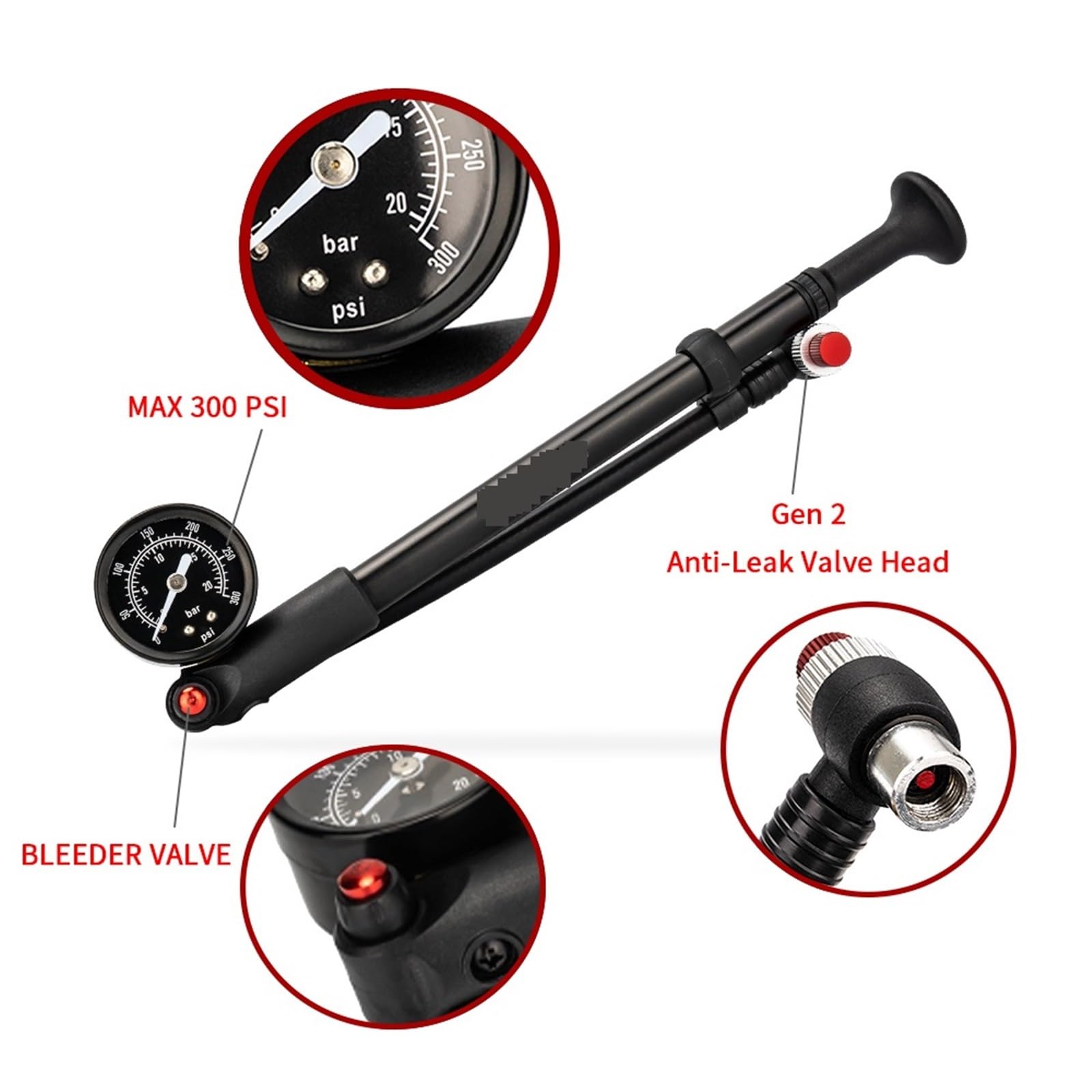 Pompa Bicicletta Pompa da pavimento for pneumatici da bicicletta con pompe di sospensione con manometro Valvola di gonfiaggio del flusso d'aria ad alta pressione for ammortizzatore forcella MTB