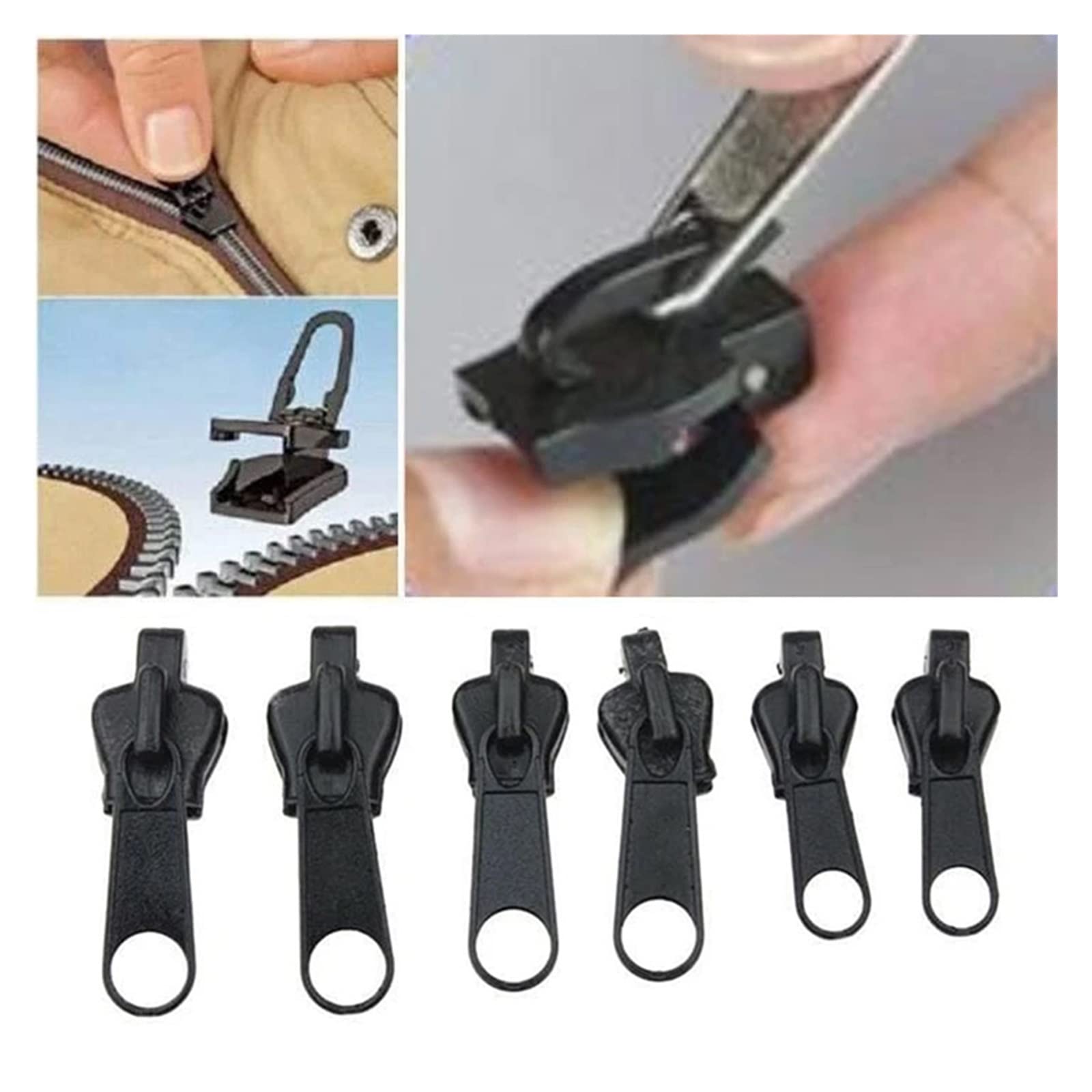 Pulls for Nylon Cewki zamki błyskawiczne metalowe 6 szt. Uniwersalny zestaw naprawczy do natychmiastowego zamka błyskawicznego. Zapasowa głowica zamka błyskawicznego(Black 6pcs)