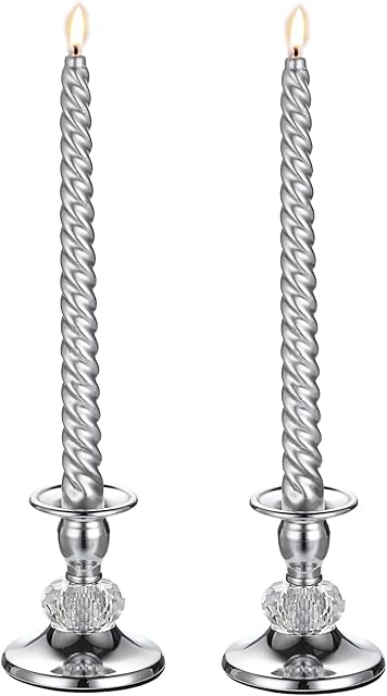 Tolida Taper Candle Holder Set of 2 with Faceted Crystal Decor, Candlestick Holder for Taper Candle, Candle Stand for Valentine's Day Christmas Wedding Church, Silver
