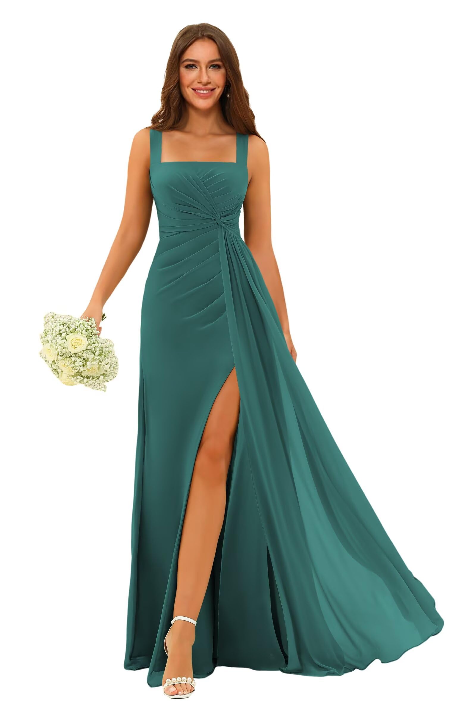 Stylefun Square Neck Bridesmaid Dresses Long with Slit Pleated A Line Chiffon Formal Evening Dress STN001