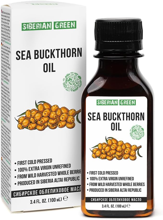 Siberian Green Sea Natural Organic Extra Virgin Cold Pressed Unrefined Raw No-GMO Vegan Buckthorn Oil (100ml / 3.4fl. oz)