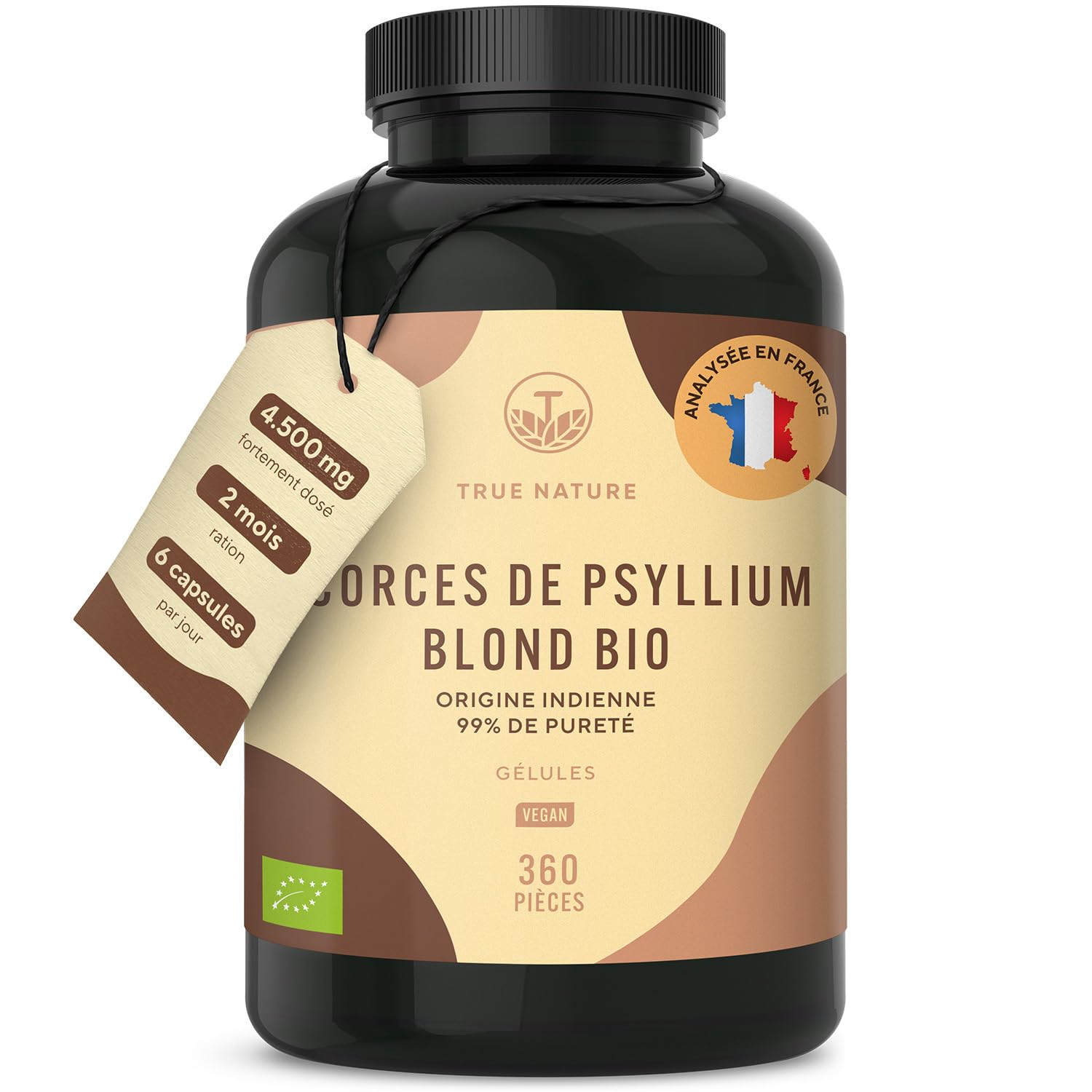 Psyllium Blond BIO | 4.500mg par jour - 360 Gélules pour 2 mois - Téguments purs à 99% - Riche en Fibres - Digestion & Fonction Intestinale - Vegan, Sans Additifs, Gluten & Lactose | TRUE NATURE