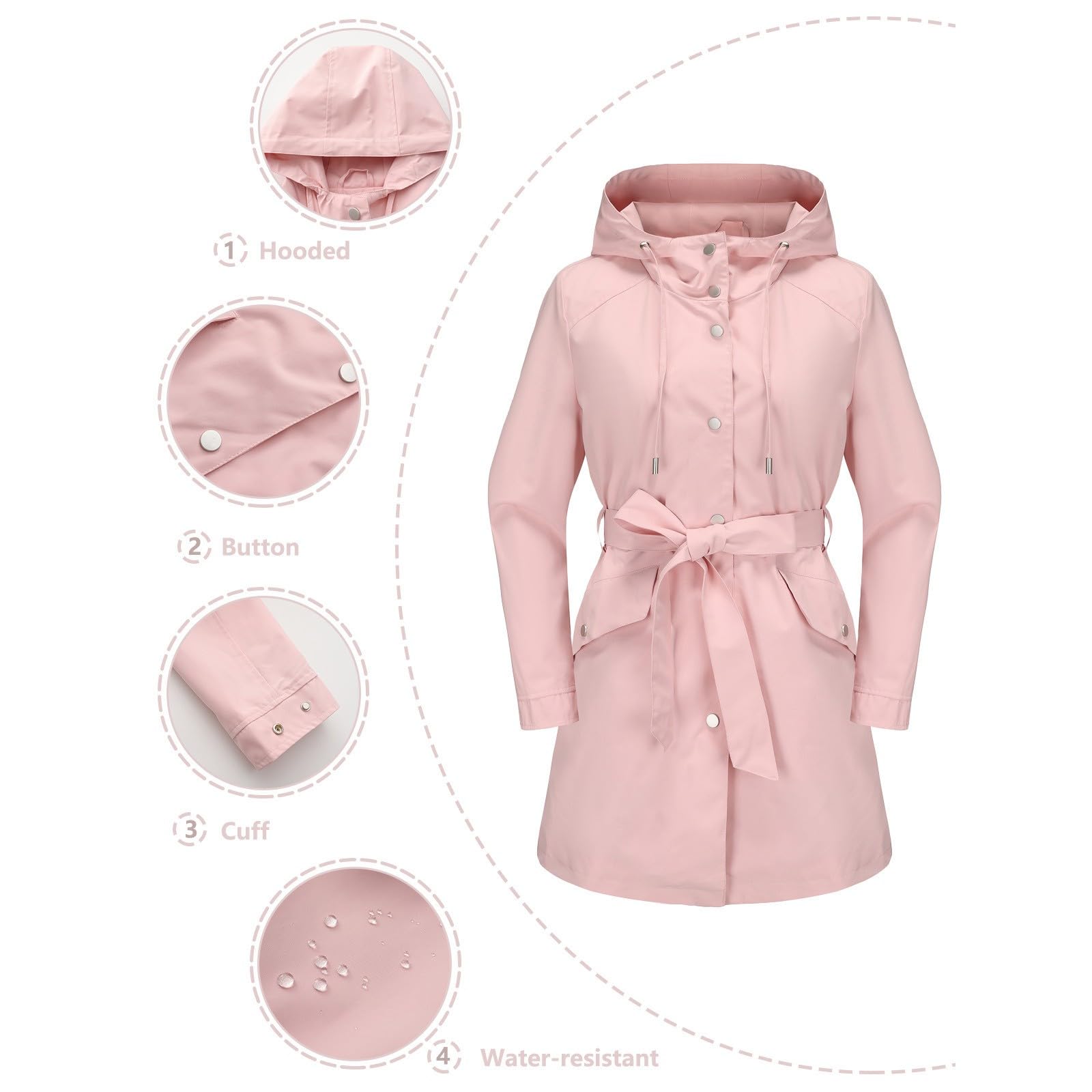 Generisch Chaqueta de verano para mujer, elegante, chubasquero, fina, impermeable, chaqueta para mujer, con cinturón, trinchera, chaqueta de primavera, monocolor, chaqueta de ocio, chaqueta ligera