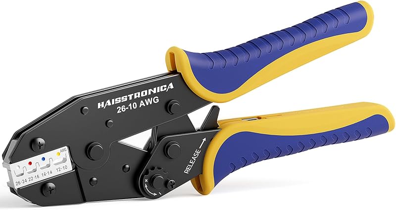 haisstronica Crimping Tool for Heat Shrink Connectors, AWG 26-10, HS-8327 | Ratchet, Adjustable Star Wheel, Full-Cycle Mechanism, Quick Release, Comfortable Grip, Boat and Auto Repairs