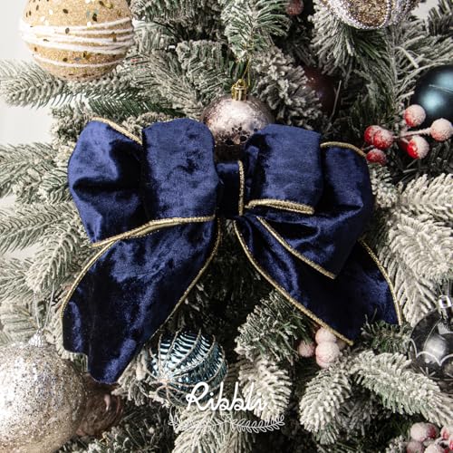 Image of Ribbli Navy Velvet Wired Ribbon 4 Inch Metallic Navy Gold Crushed Velvet Christmas Ribbon for Gift Wrapping Christmas Tree Decoration Crafts Wreaths Supplies-Continuous 10 Yards