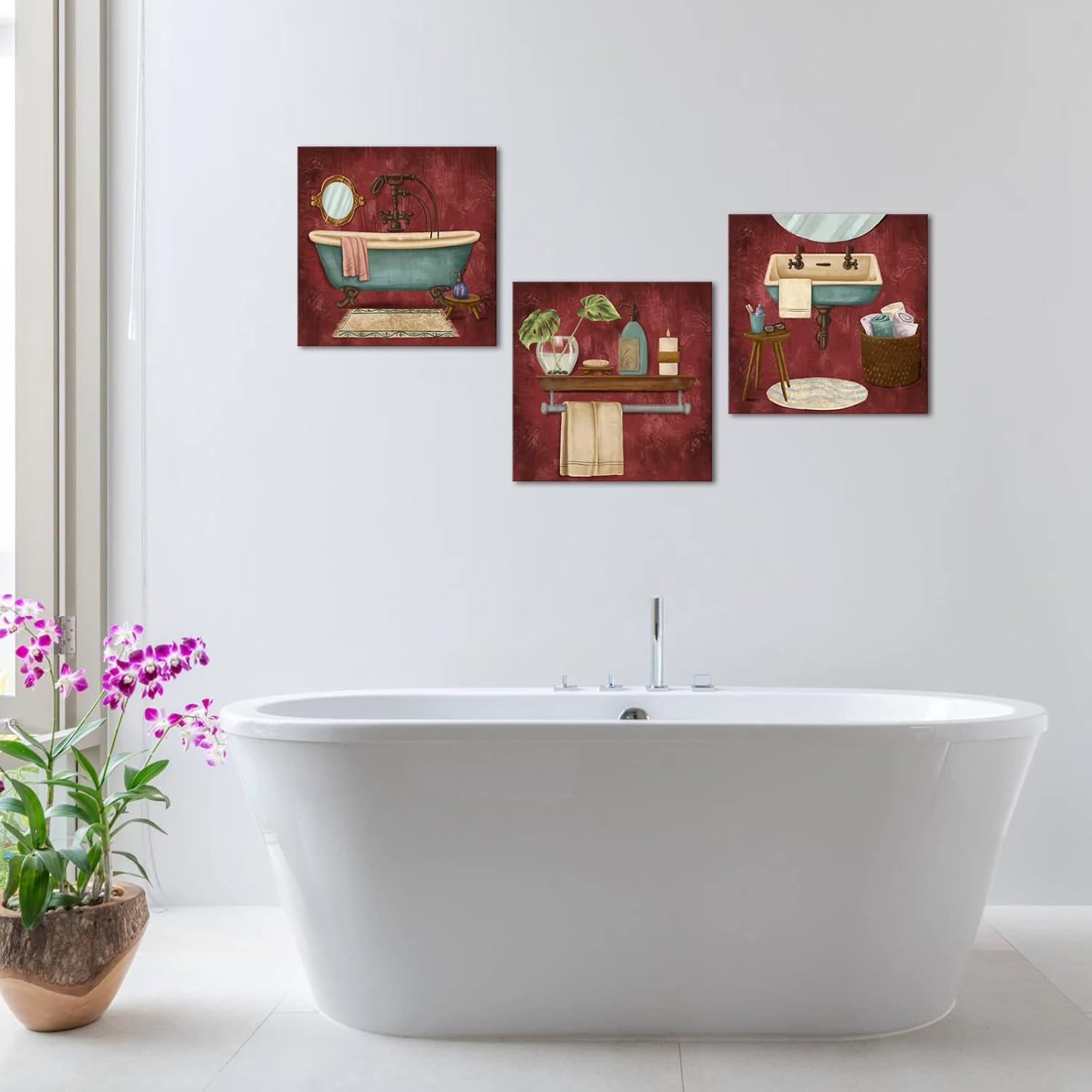 LyerArtork 3 Pieces Bathroom Canvas Wall Art Vintage Red Bathtub Towel Sink Picture Poster Painting Modern Artwork for Home Hotel Decor 12x12inchx3pcs