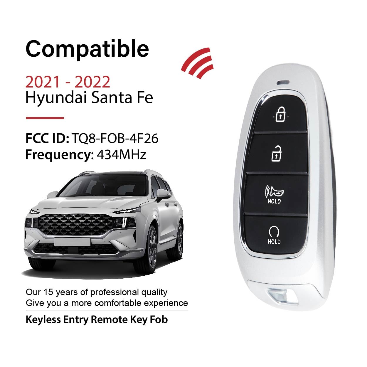 Keylessbest Replacement for 2021 2022 Hyundai Santa Fe Key Fob Remote Control TQ8-FOB-4F26 4 Buttons 434MHz