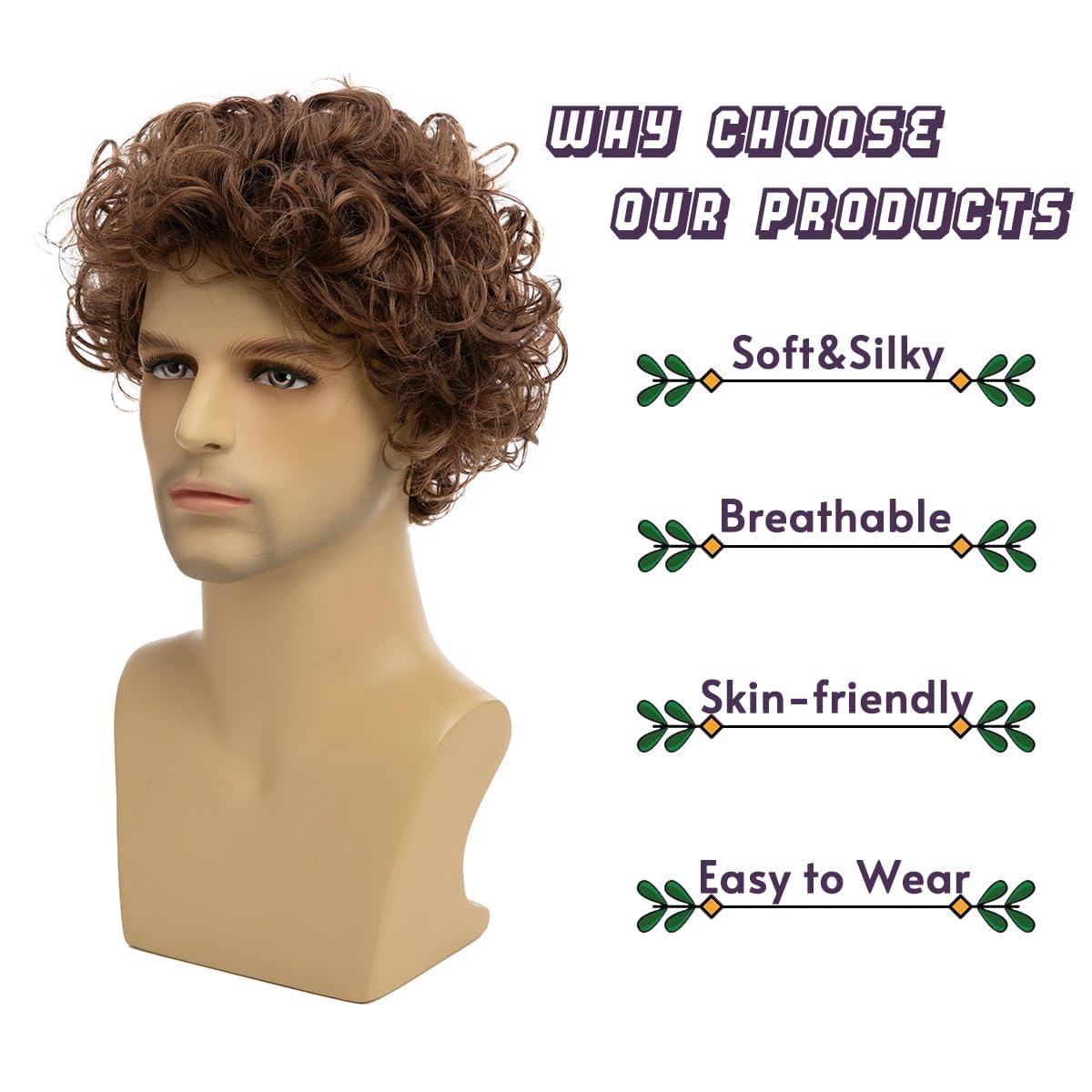 Qnbiar Mens Wig Short Brown Curly Wigs Short Natural Looking Synthetic Hair Replacement Wig for Male, Brown2 - Image 2