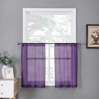 Tollpiz Short Sheer Tier Curtains Linen Textured Half Kitchen Curtain Sheers Light Filtering Rod Pocket Voile Small Curtain for Bathroom, 25 x 24 inches Long, Royal Purple, Set of 2 Panels - Buy now