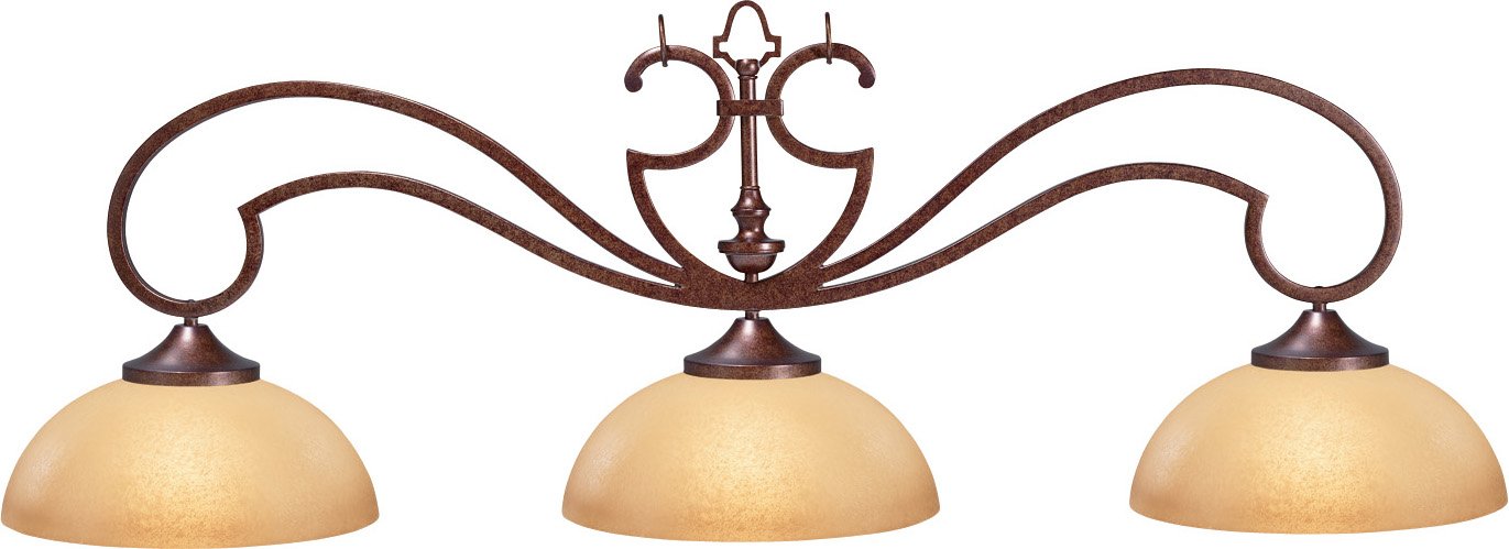 Decorator Traditional Billiard Table Light with Autumn Rustic Bar and 3 Bronze Glazed Scavo Glass Shades, 20 x 56-Inch