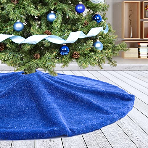 Amidaky Christmas Tree Skirt 30 inch Blue Faux Fur Soft Fluffy Ornaments Xmas Tree Skirts for Xmas Tree Ornaments and Party Holiday Decorations