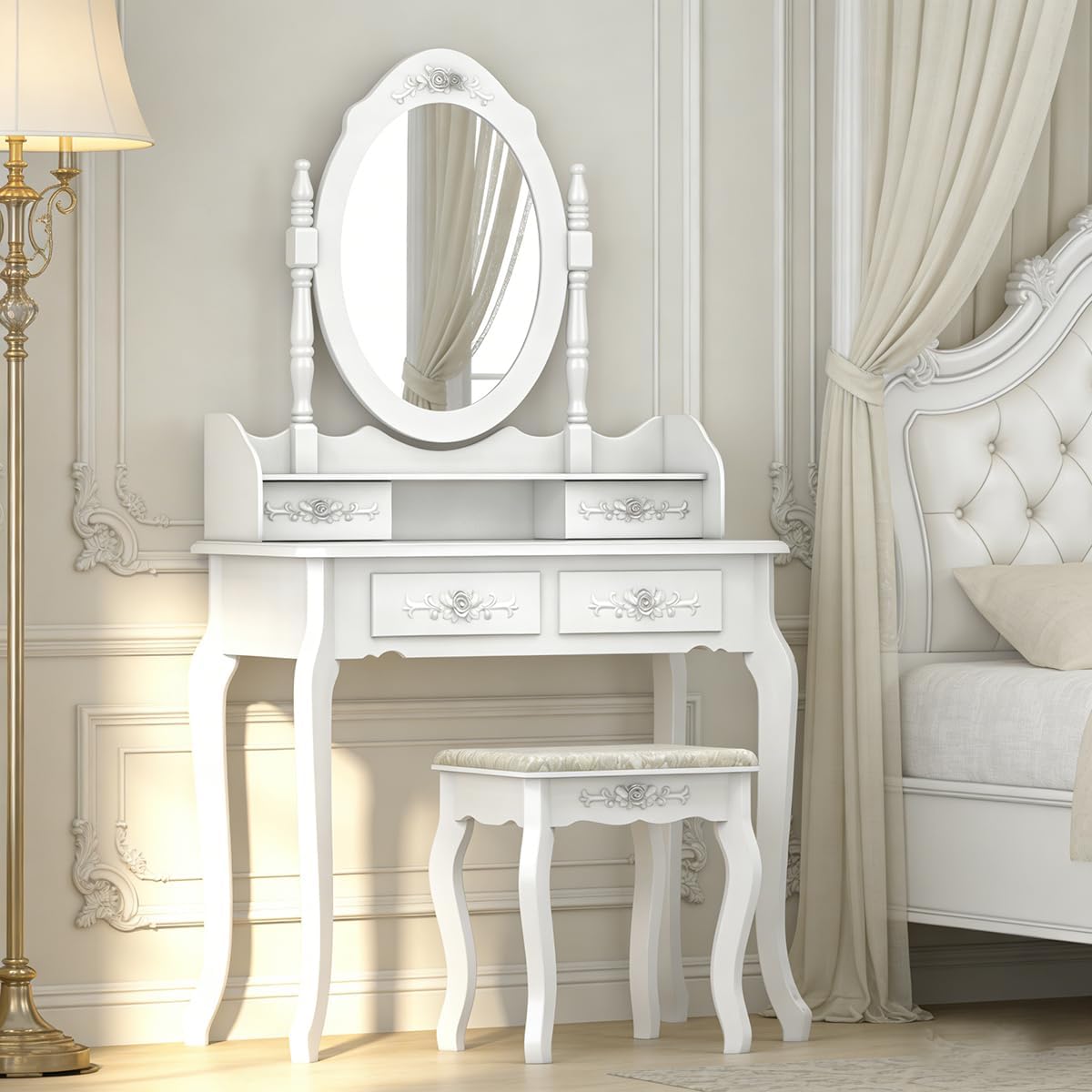 Girls Makeup Vanity Set with Mirror 4 Drawers, White Dressing Table Stool Set, 360° Rotating Removable Mirror, MDF Solid Wood Bedroom Furniture for Teen, 29.5 Inch