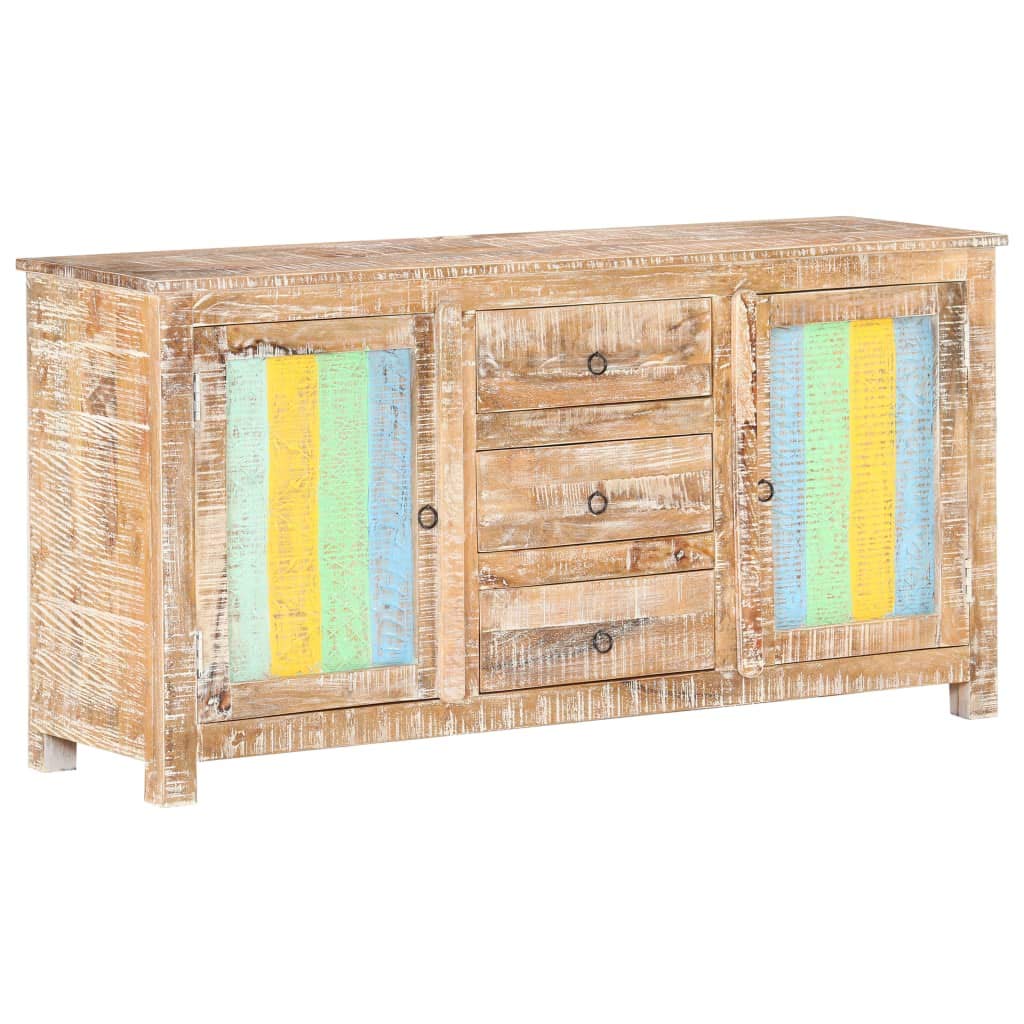 Sideboard 151 x 40 x 75 cm aus massiver Akazie Retro Highboard mit 3 Schubladen & 2 bunten Türen Stauraum Lieferung fertig montiert für Wohnzimmer Schlafzimmer Flur