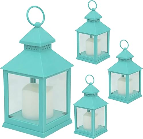 Farol decorativo verde azulado  Juego de 4 faroles con velas sin llama y control remoto  Incluye temporizador de 4 horas  9 38 pulgadas de alto