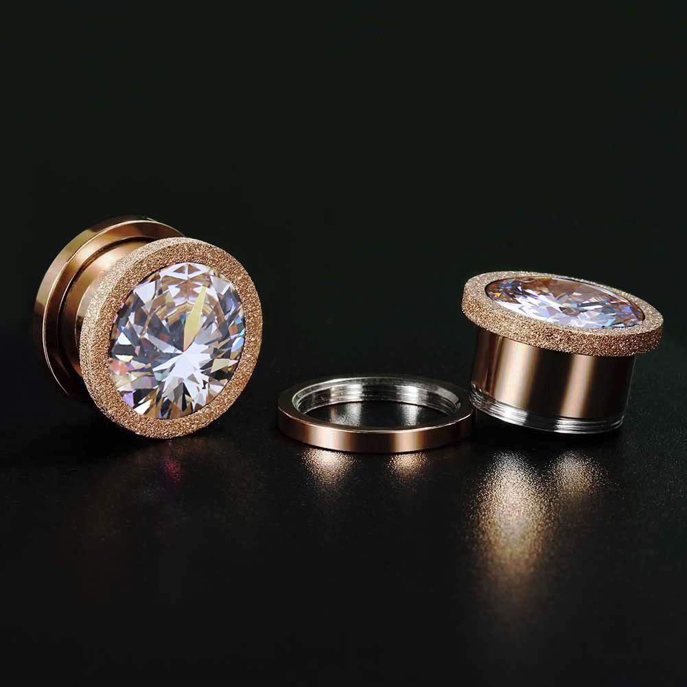 ZS Rose Gold Stainless Steel Screw Big Cubic Zirconia Ear Gauges Plugs Tunnels Expander Body Piercing