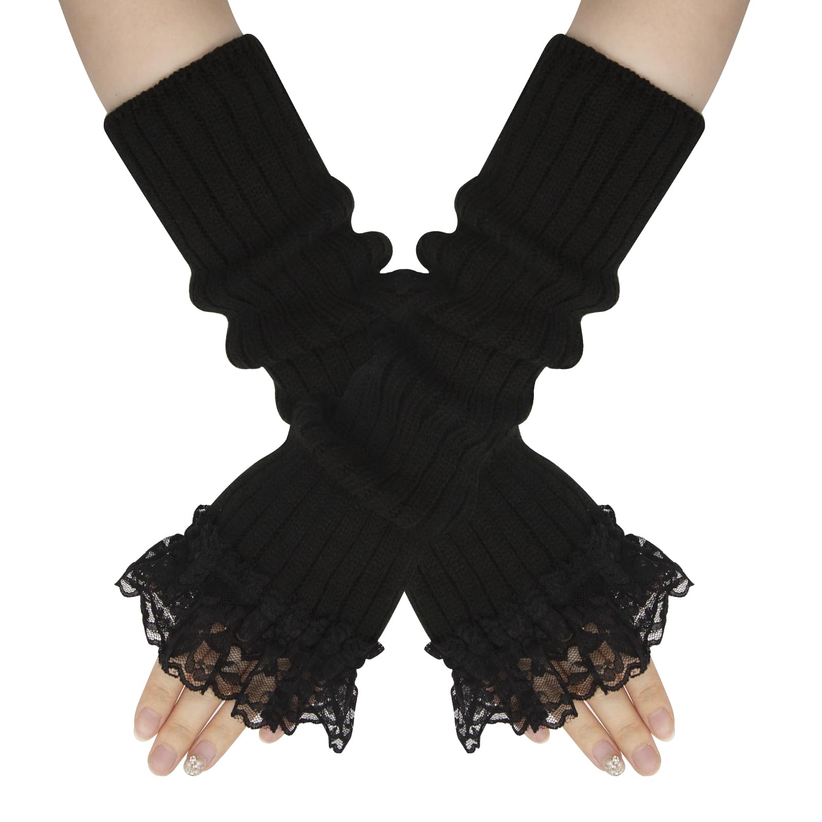 GNOLONG Fashion Y2K Fingerless Lace Knitted Gloves - Women Girls Wrist Hand Warmers Autumn Winter Outdoor Party Cosplay Gifts (Standard, Black, One Size)