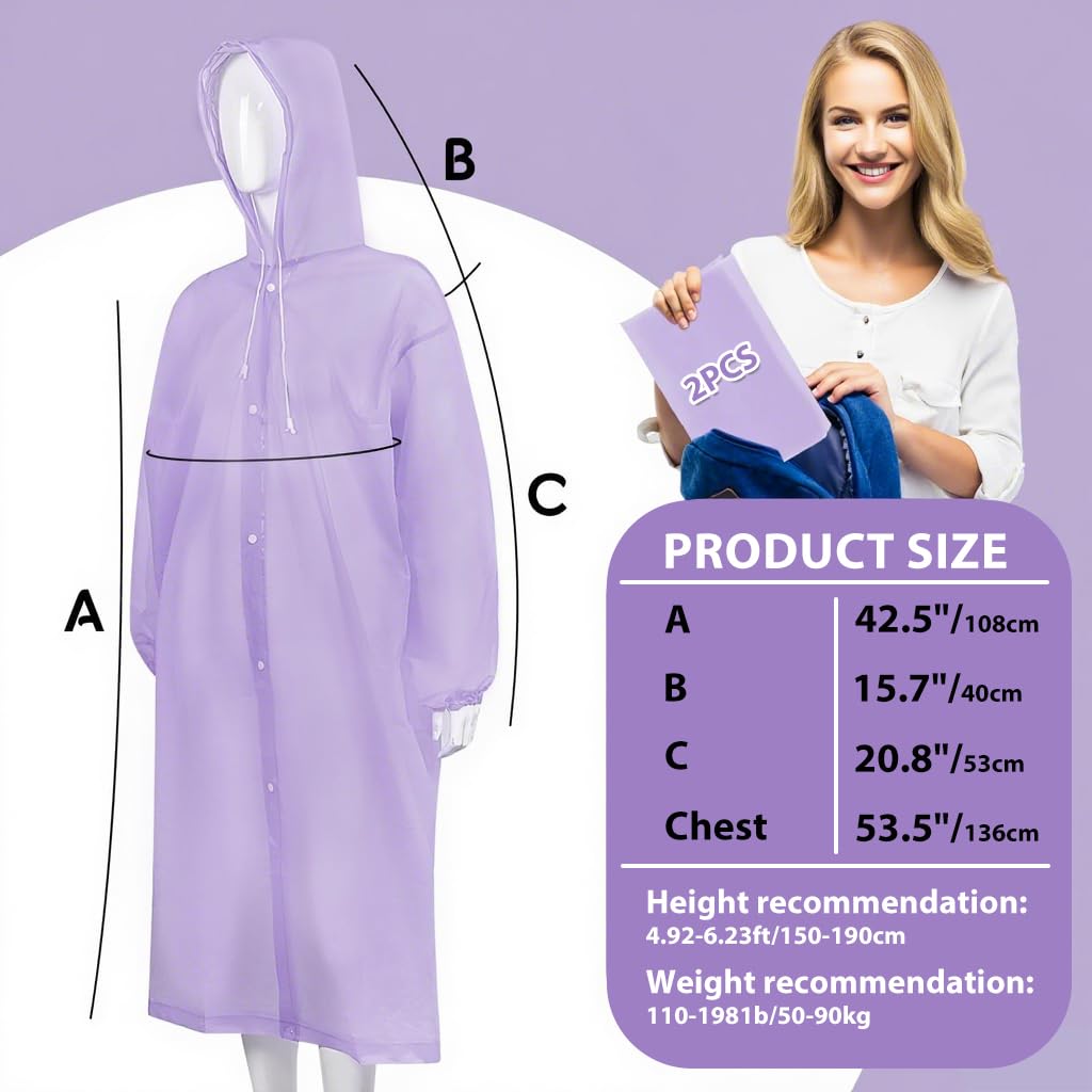 PALAY EVA Rain Poncho, Reusable Hooded Waterproof Cover, Pack of 2, Purple