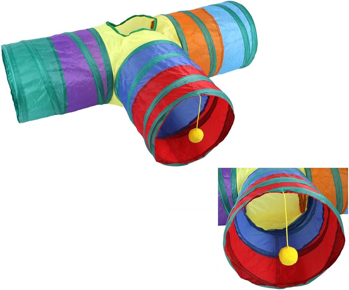 Bunny Tunnels Cat Tubes Collapsible Cat Hideout Small Animal Activity Pet Play Tunnel and Tube Toy for Rabbits,Kitty,Puppies,Ferrets,Guinea Pig (T-Shape Rainbow)