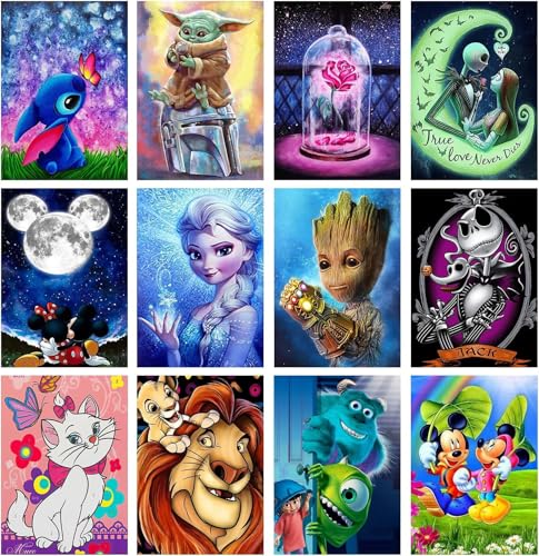 FFPTBNYX 12Pack Diamond Painting Kits for Adults 5D Cartoon Series Diamond Art Kit for Beginners DIY Paint with Diamonds Round Full Drill Paintings Gem Art for Home Wall Decor 12x16 Inch