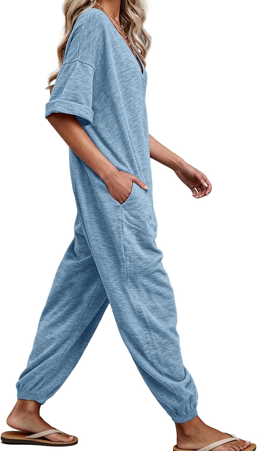 Nirovien Womens Short Sleeve Jumpsuits Casual V Neck Long Rompers Beam Foot Baggy Jumpers Summer Outfits - Image 3