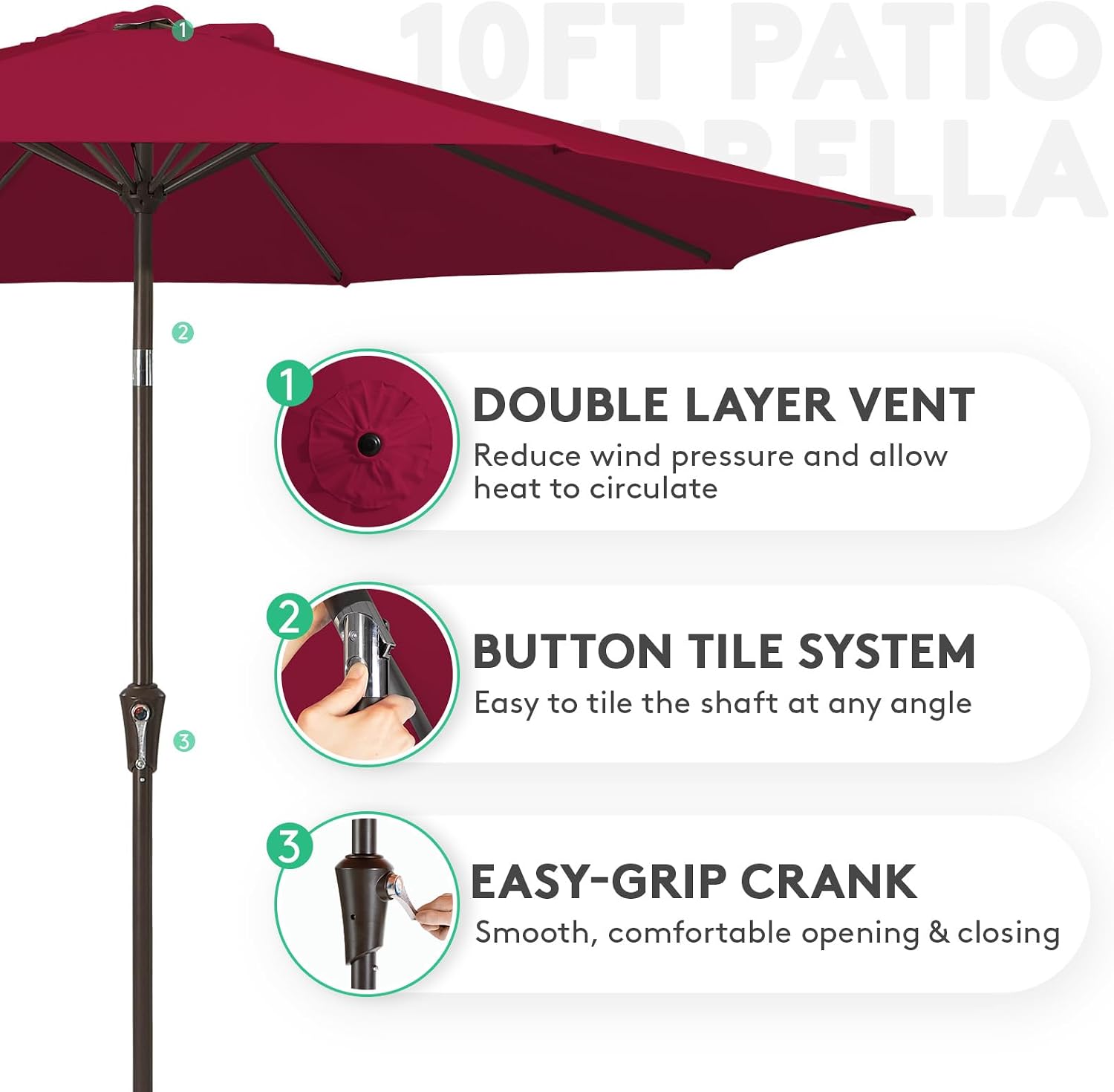 jearey 10ft outdoor patio umbrella outdoor table umbrella with push button tilt and crank, market umbrella 8 sturdy ribs uv protection waterproof for pool, garden (wine red) 10ft wine red