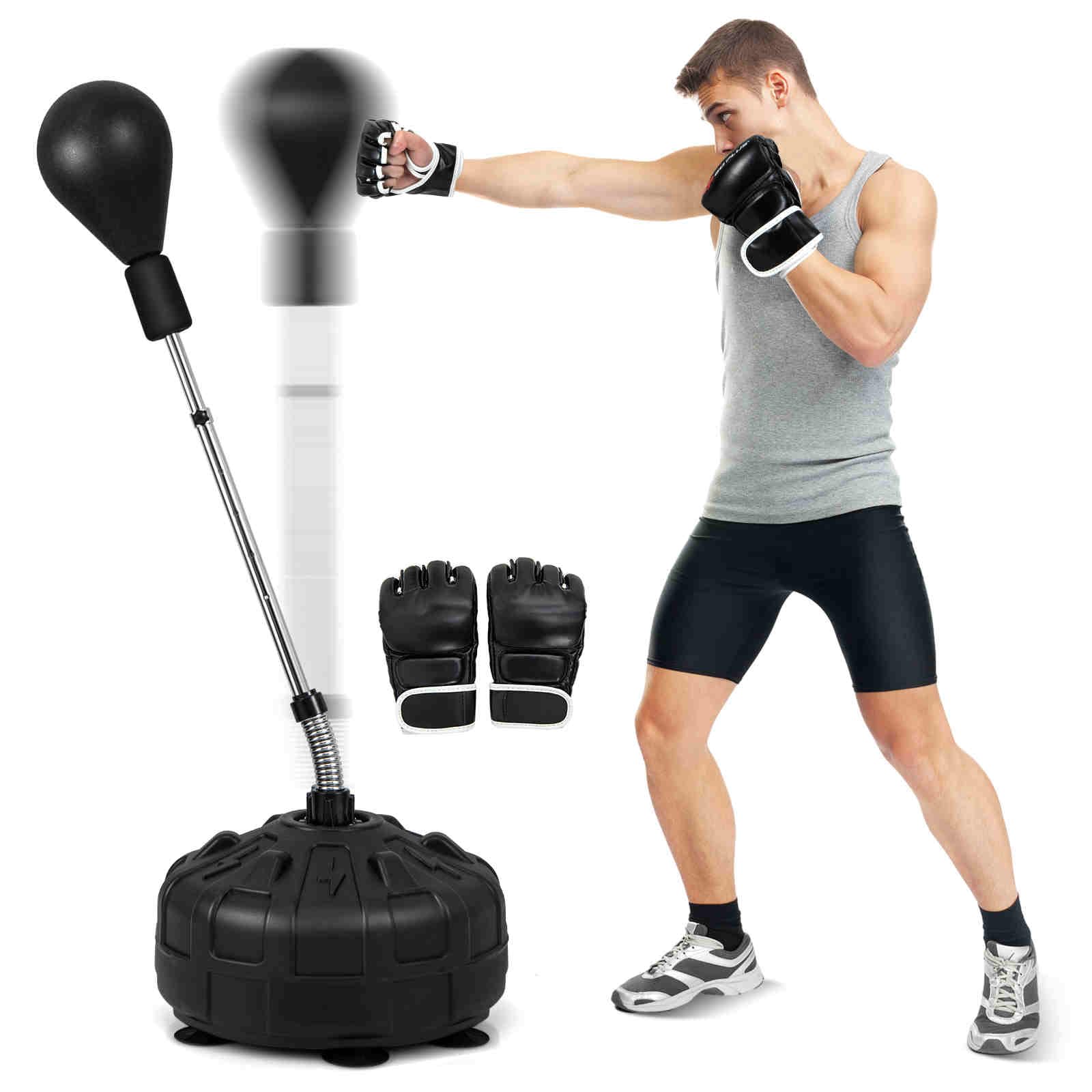 HOMASIS Punching Ball da Terra per Bambini e Adulti, Altezza Regolabile 137-156 cm, Sacco da Boxe con Palla Resistente, Guantoni e Base Riempibile con Ventose, Colpi Veloci, per Casa e Palestra, Nero