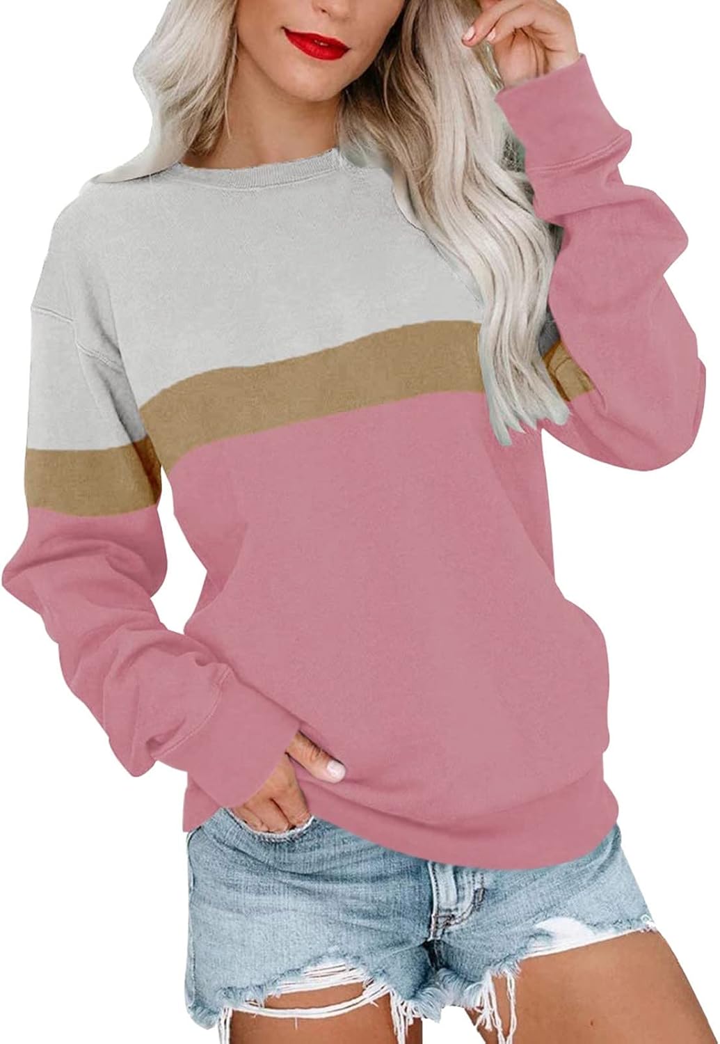 SHAOBGE Women Spring Casual Crewneck Sweatshirts Long Sleeve Color Block/Solid Tops Cute Winter Pullover Loose Fit Shirts