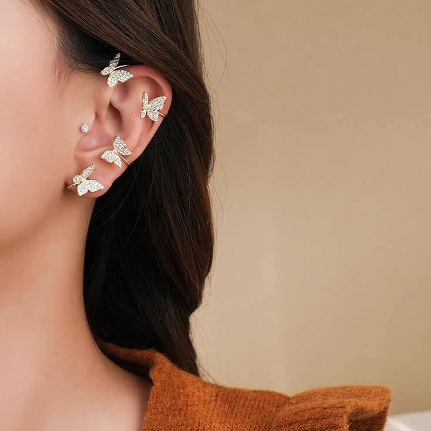 Miniatura 6 de Gmai Pendientes de mariposa de circón para mujeres y niñas, aretes de mariposa para orejas de mariposa, aretes de oruga, sin perforación, regalo de