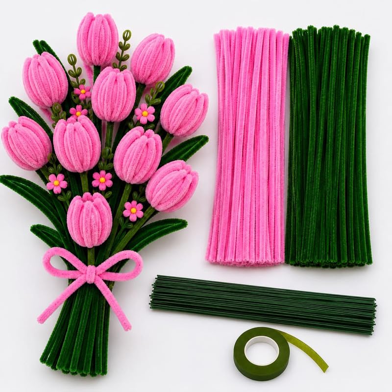 200Pc Pipe Cleaners Craft Set | Chenille Stem Fuzzy Sticks DIY Craft Supplies for Art Projects Activities, Decorations, Flower Making, Modeling & Sculpting (Light Pink & Dark Green)-picture-43
