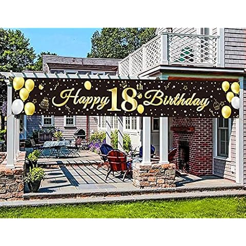 Happy Birthday Banner, 18th Birthday Banner Boy Girl Birthday Party Decoration, Gold Stars Balloon Birthday Poster Party Photo Booth Backdrop Background Banner for Garden Table Wall Decoration Cover
