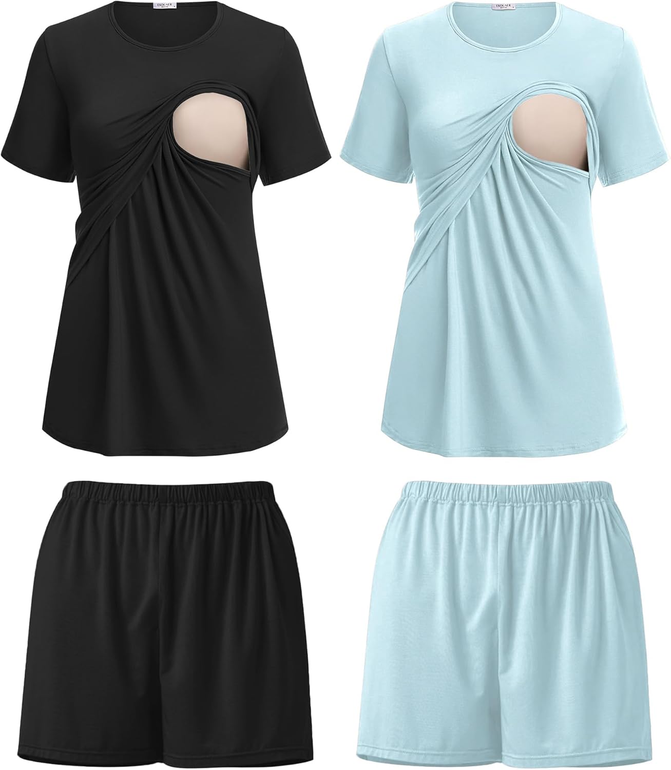Ekouaer 2 Pack Women's Nursing Pajamas Set Double Layer Maternity Pjs Postpartum Loungewear Set Breastfeeding Tops & Shorts