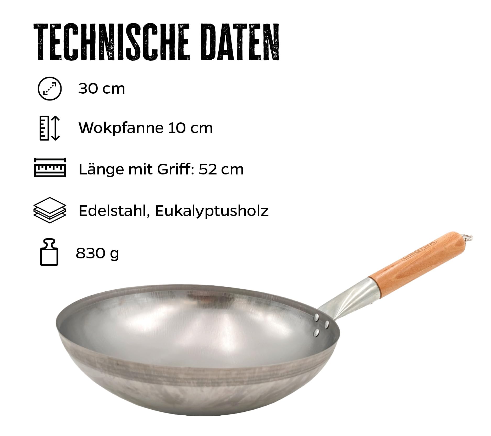 Grillfürst Wok Pfanne aus Edelstahl Ø 30 cm - mit Holzgriff - Edelstahlpfanne mit rundem Pfannenboden - ideal für Seitenkocher eines Grills oder Gasherd, inkl. Wok-Ring