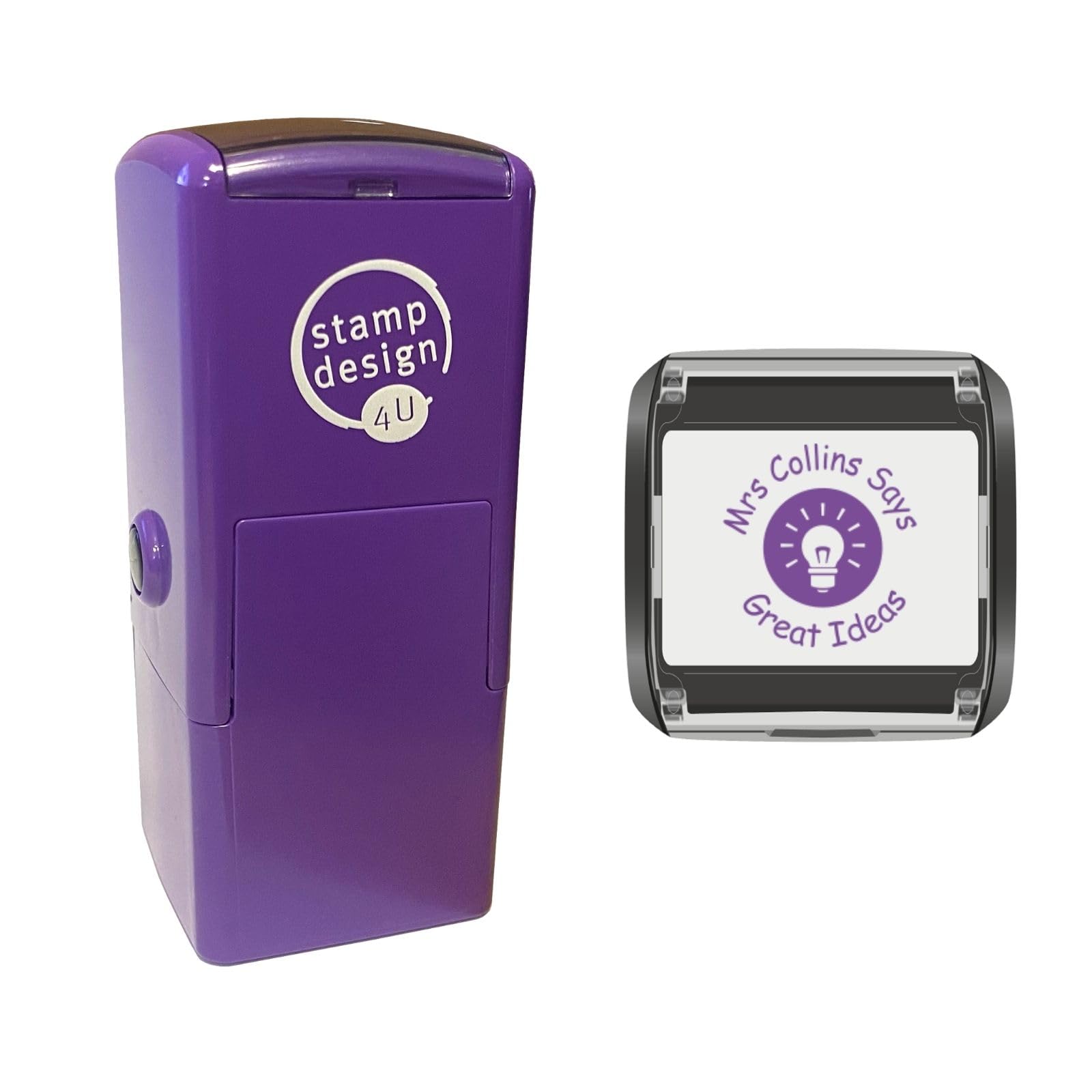 Light Bulb Design in Violet with 2 Lines of Custom Text - School Teacher Personalised Reward, Education and Motivational Stamps