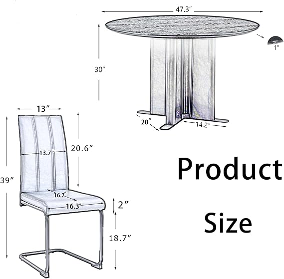 47.3 Inch Round Dining Room Table Set for 4, 5-Piece Marble-Look Modern Kitchen Table with 4 Padded PU Leather Chairs, Spliced Top & Unique Pedestal Base for Apartment, Space-Saving White