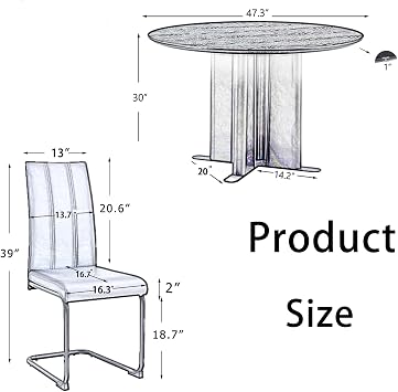 47.3 Inch Round Dining Room Table Set for 4, 5-Piece Marble-Look Modern Kitchen Table with 4 Padded PU Leather Chairs, Spliced Top & Unique Pedestal Base for Apartment, Space-Saving White