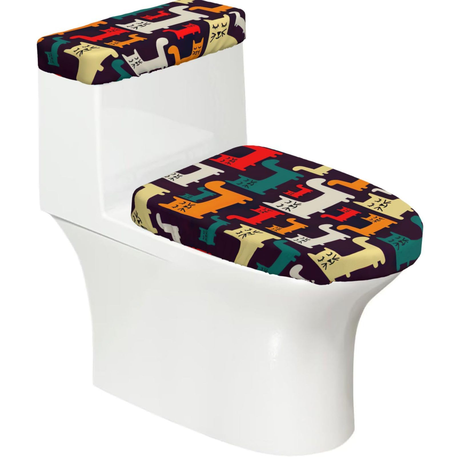 Cat Print 2-Piece Stretch Toilet Cover Set, Elastic Breathable Toilet Seat and Tank Lid Protector