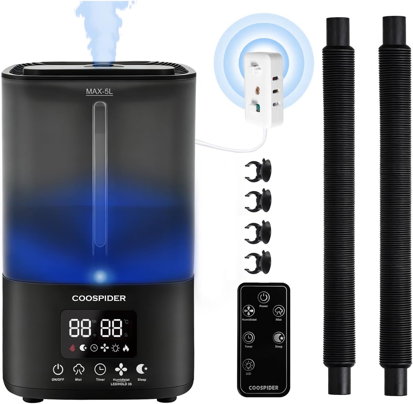 Coospider 5L Reptile Humidifier Fogger, for Tank with Dual Hose/Tube, Top Fill Humidifier, Cool Mist Humidifiers with Timer & Humidity Control, Quiet Fogger for Reptile, Terrarium