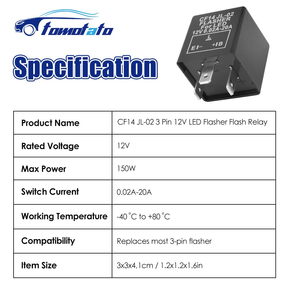 12V LED Flasher Relay, CF14 JL-02 0.02A-20A 3 Pin LED Flasher Flash Relay for Car Motorcycle Turn Signal Light Hyper Flash Fix
