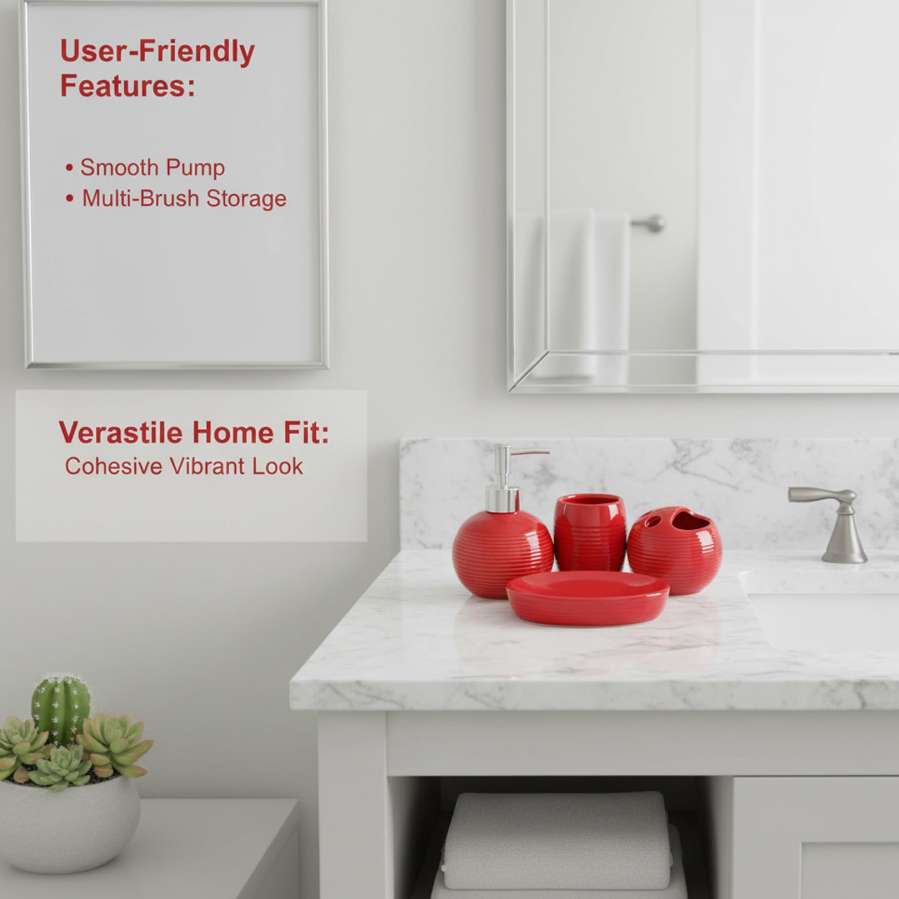 Accesorios de baño Rojos, Juego de Accesorios de baño de cerámica Moderno Que Incluye dispensador de jabón, Soporte para cepillos de Dientes de 4 Piezas, Vaso y jabonera para apartamento.-