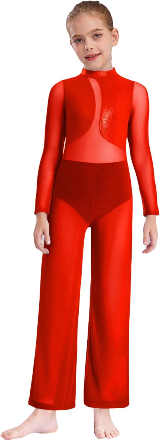 Girls Metallic Gymnastics Leotard Sheer Mesh Patchwork Full Body Unitard Wide Leg Jumpsuit Dance Outfit