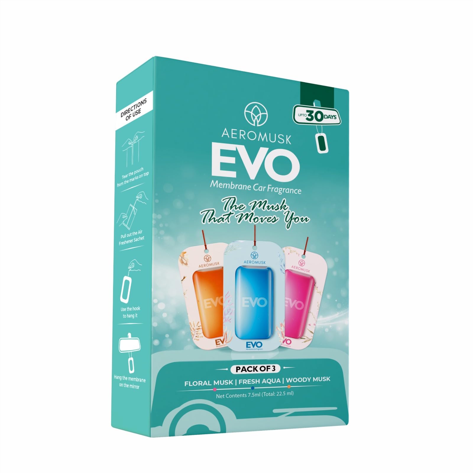 EVO Premium Hanging Car Perfume Pack of 3 | Fresh Aqua, Floral Musk & Woody Musk | Long-Lasting Membrane Car Air Freshener | Up to 30 Days | For Hatchback, Sedan & SUV-image-1