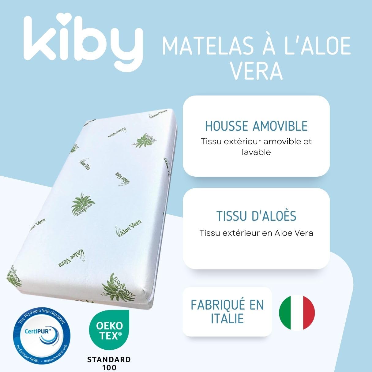 Kiby® Matelas pour lit bébé en Aloe Vera (certifié Oeko-TEX® et CERTIPUR™), Matelas pour lit bébé Lavable déhoussable (120 x 60 x 10)