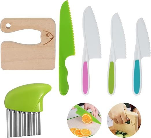 6 Pieces Wooden Kids Knife for Cooking, Kid Safe Knives Cutting Veggies Fruits Include Wood Kids Knife Plastic Potato Slicers Serrated Edges Knives Sets for Toddler Kitchen Children