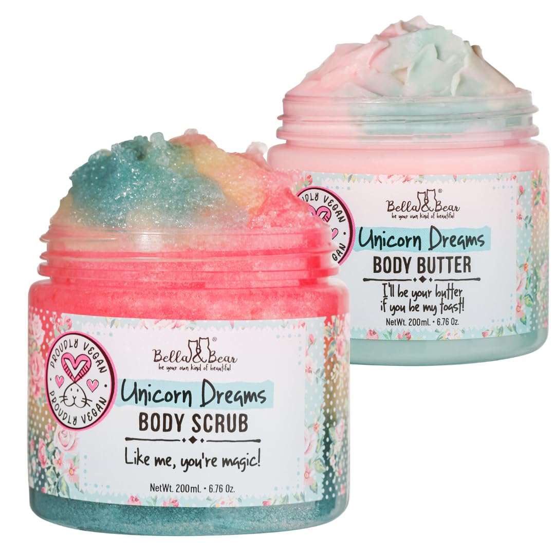 Bella & Bear Unicorn Dreams Spa Gift Set – Body Scrub & Body Butter Bath Gift Set for Women, Teens & Girls – Vegan Self Care Set