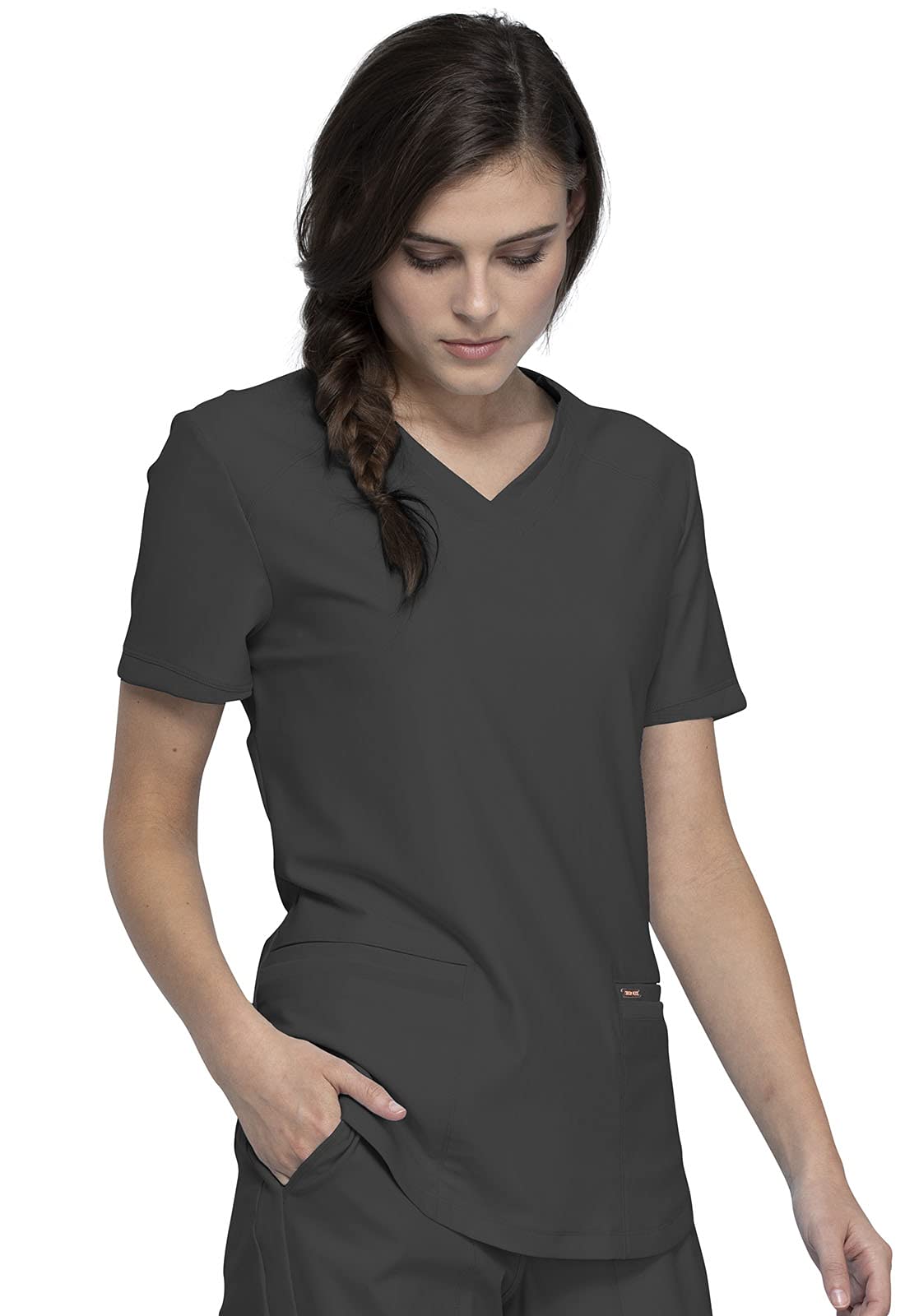 Cherokee Conjunto de uniforme médico para mujer, 7 bolsillos, cuello en V, dobladillo curvado CK840 y pantalón de pierna cónica de tiro medio CK095, peltre XL / pantalón 2XL
