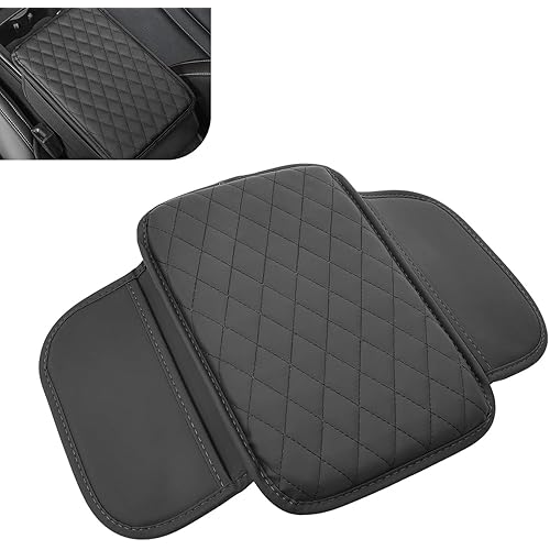 Car Center Console Cover, Waterproof Leather Car Armrest Cover Cushion with Side Storage Pockets, Upgraded Vehicle Armrest Storage Box, Universal for SUV, Sedan, Truck (Black)