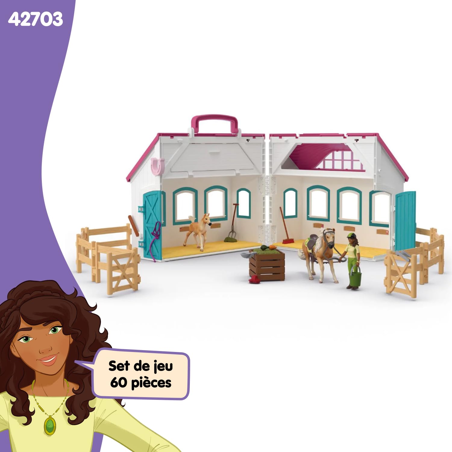 Schleich Horse Club | Écurie transportable “Petit Fer à Cheval” 42703 | Set avec écurie, 2 Chevaux, Figurine Mobile & Accessoires pour Enfants | Jouet dès 5 Ans | 60 pièces